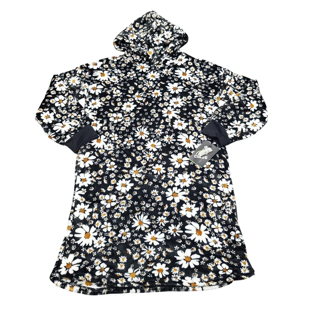 Girls Hooded Shearling Gown - art class Black w Flowers Print Size Large 10/12
